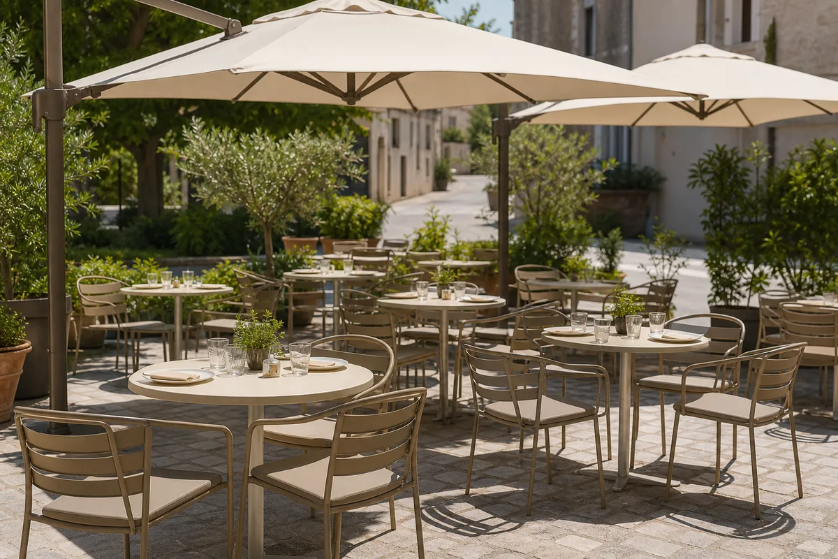 Terrasse de pizzeria avec tables rondes en aluminium, chaises de bistrot et parasols crème sur un sol pavé