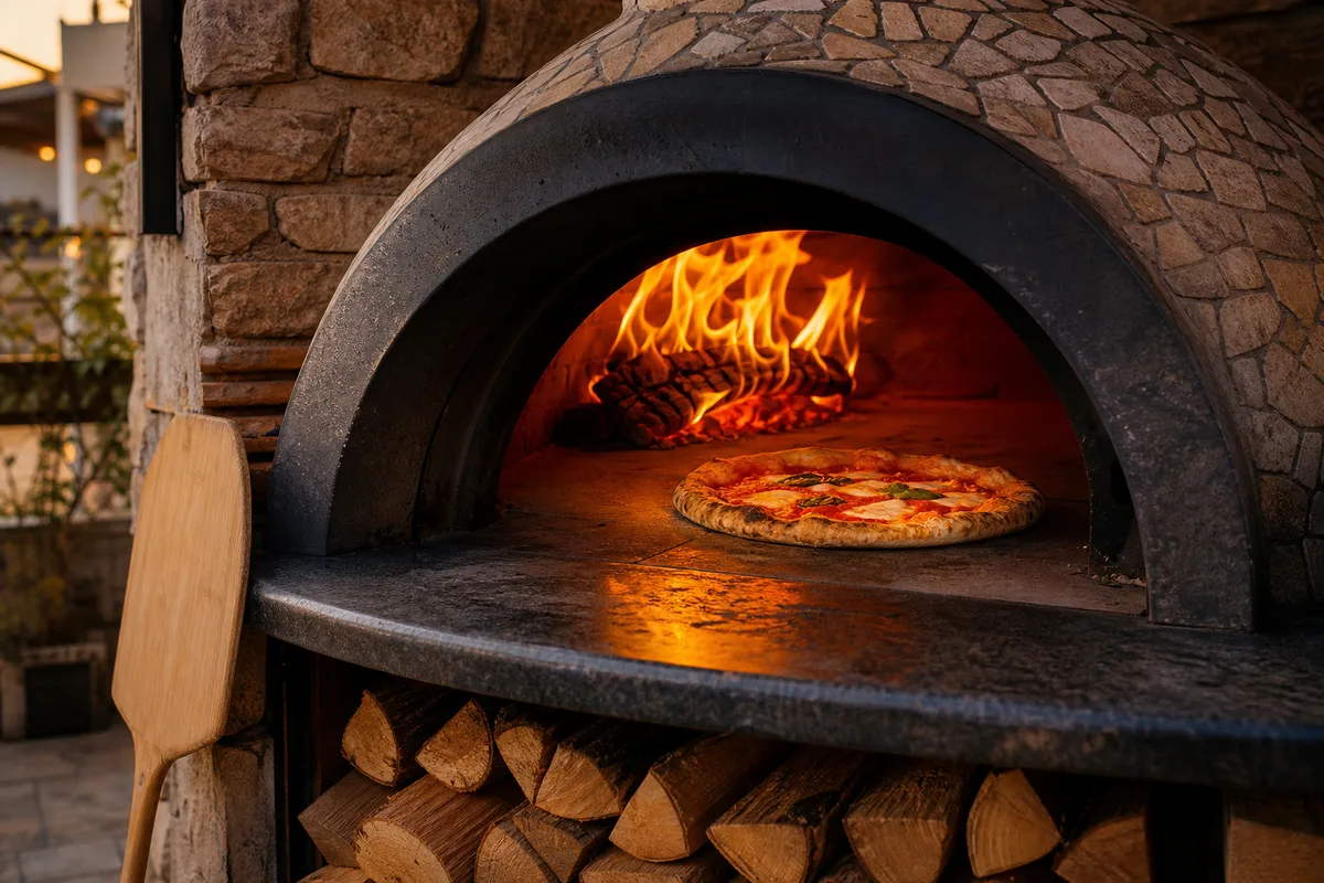 Four à bois en façade d’une terrasse de pizzeria, flammes vives dans la bouche du four et pizza en cuisson sur la sole