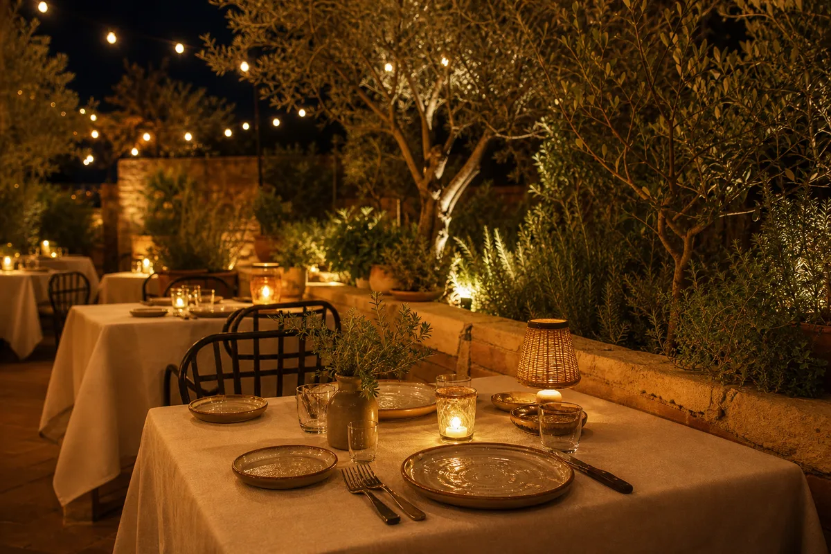 Terrasse de pizzeria le soir avec guirlandes lumineuses chaudes, oliviers en bac et tables dressées dans une ambiance dorée