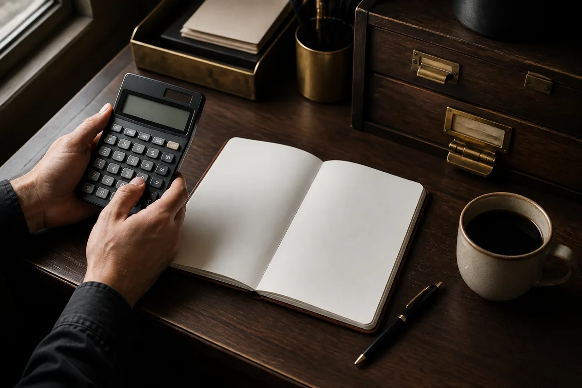 Calculatrice et carnet ouvert sur le bureau d’arrière-salle d’une pizzeria