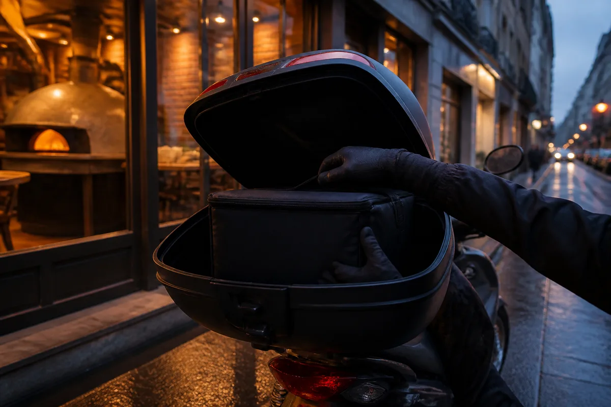 Scooter de livraison à l’arrêt devant la devanture d’une pizzeria le soir