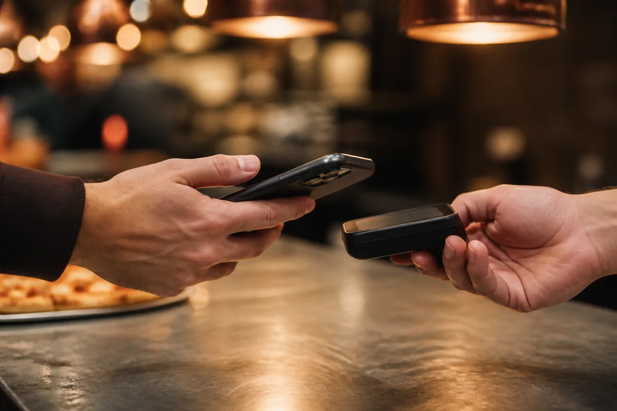 Client tendant son téléphone vers un lecteur au comptoir d’une pizzeria