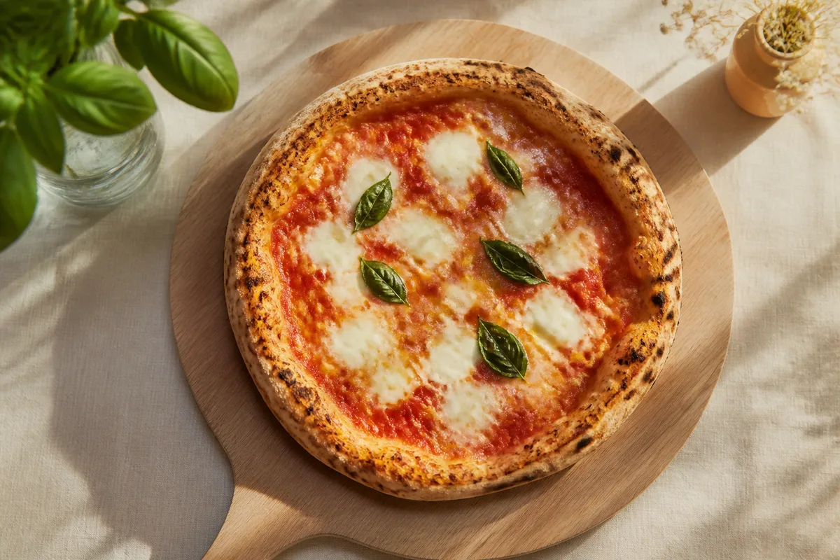 Pizza margherita photographiée en plongée près d’une fenêtre, lumière naturelle latérale, croûte léopardée et feuilles de basilic frais