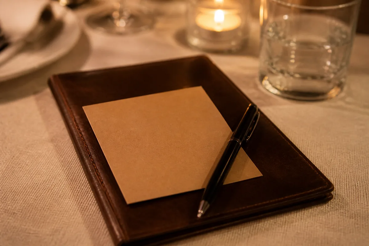 Porte-addition en cuir posé sur une nappe claire avec un carré cartonné vierge et un stylo, lumière tamisée de fin de service