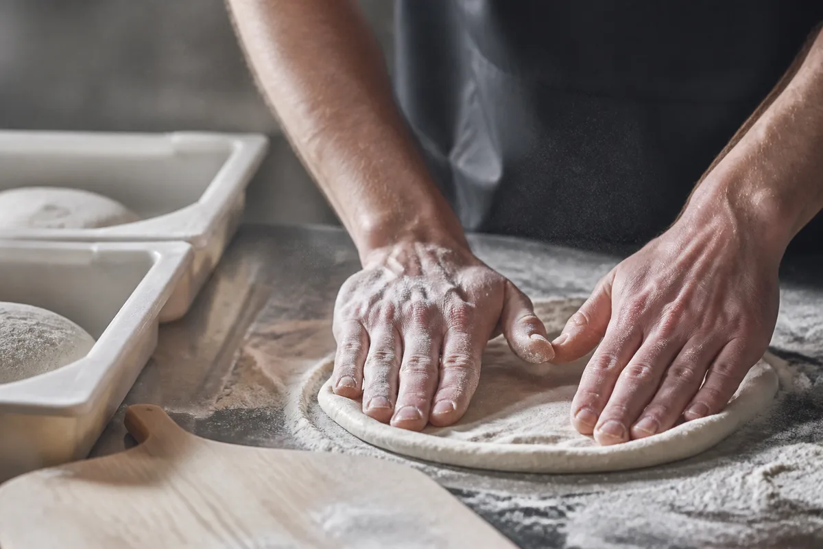 Mains d’un pizzaiolo étalant un pâton sur un plan de travail fariné, lumière rasante du matin et fin nuage de farine