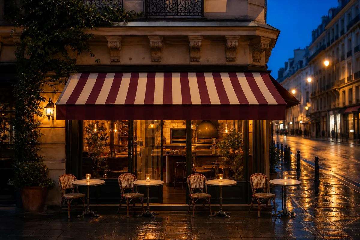 Devanture de pizzeria de quartier au crépuscule, auvent rayé uni, tables de terrasse dressées et vitrine éclairée, rue commerçante floue à l’arrière-plan
