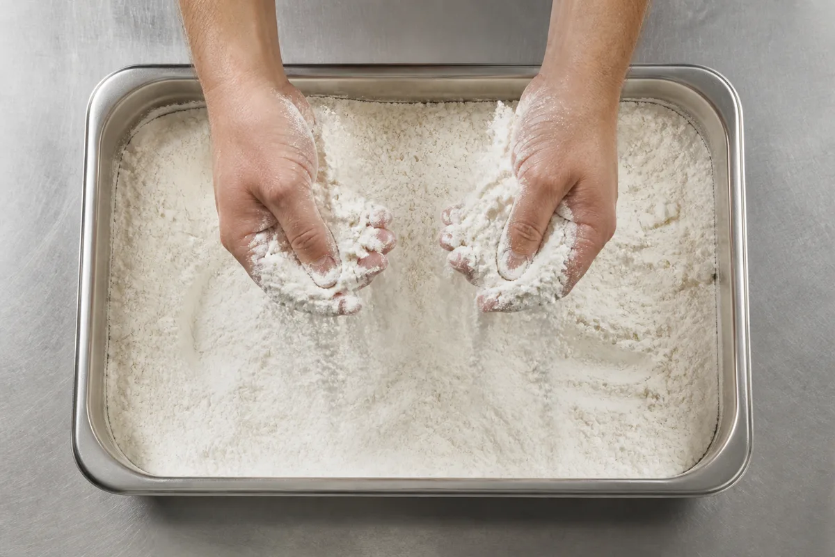 Mains plongées dans un bac de farine blanche, grains fins glissant entre les doigts