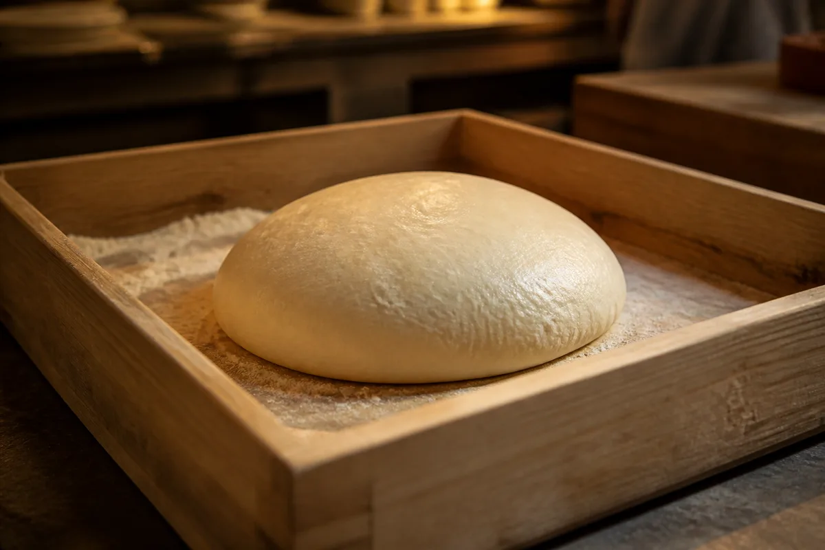 Pâton de pizza lisse et bombé reposant dans une caissette en bois légèrement farinée
