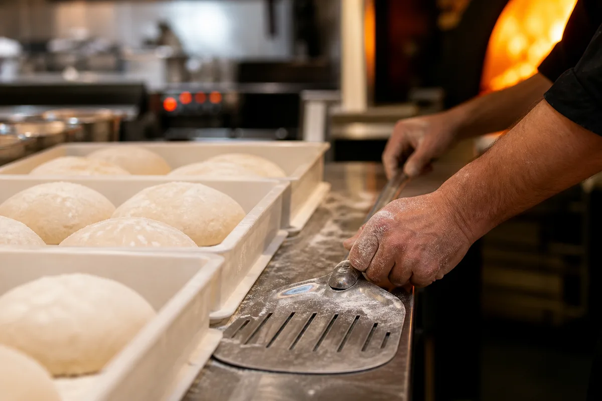 Pâtons farinés alignés sur un plan de travail en inox, mains d’un pizzaïolo saisissant une pelle métallique, cuisine professionnelle éclairée par la lueur du foyer