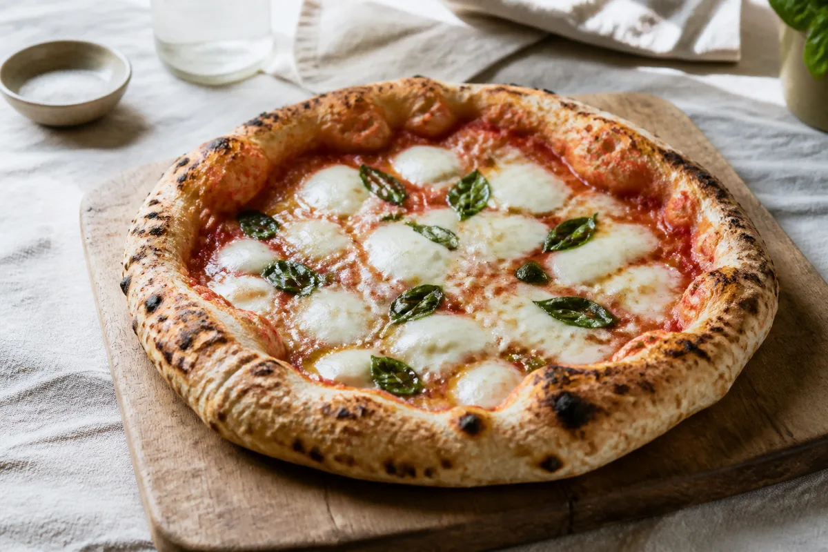 Pizza napolitaine posée sur une planche de bois brut, cornicione gonflé et léopardé, feuilles de basilic frais, lumière naturelle latérale