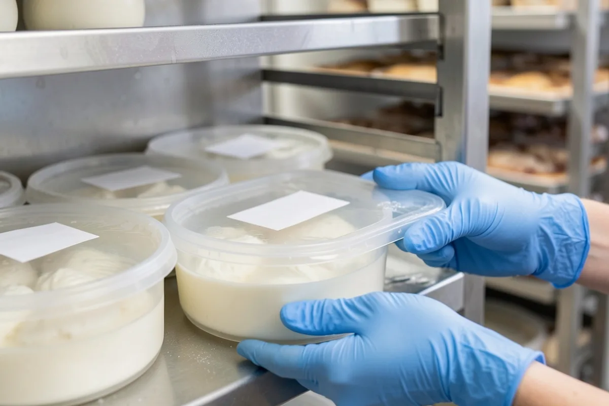 Bacs de mozzarella et bacs gastro empilés dans une chambre froide de pizzeria