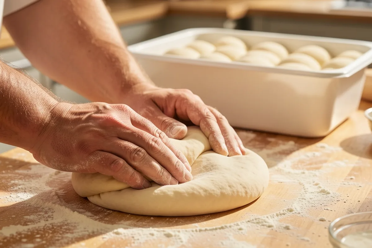 Mains de pizzaïolo qui boulent un pâton sur un plan de travail fariné, bac de pâtons alignés à côté