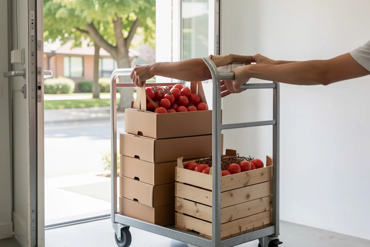 Réception d’une livraison à l’arrière d’une pizzeria : cagettes de tomates et cartons kraft empilés sur un chariot devant la porte ouverte