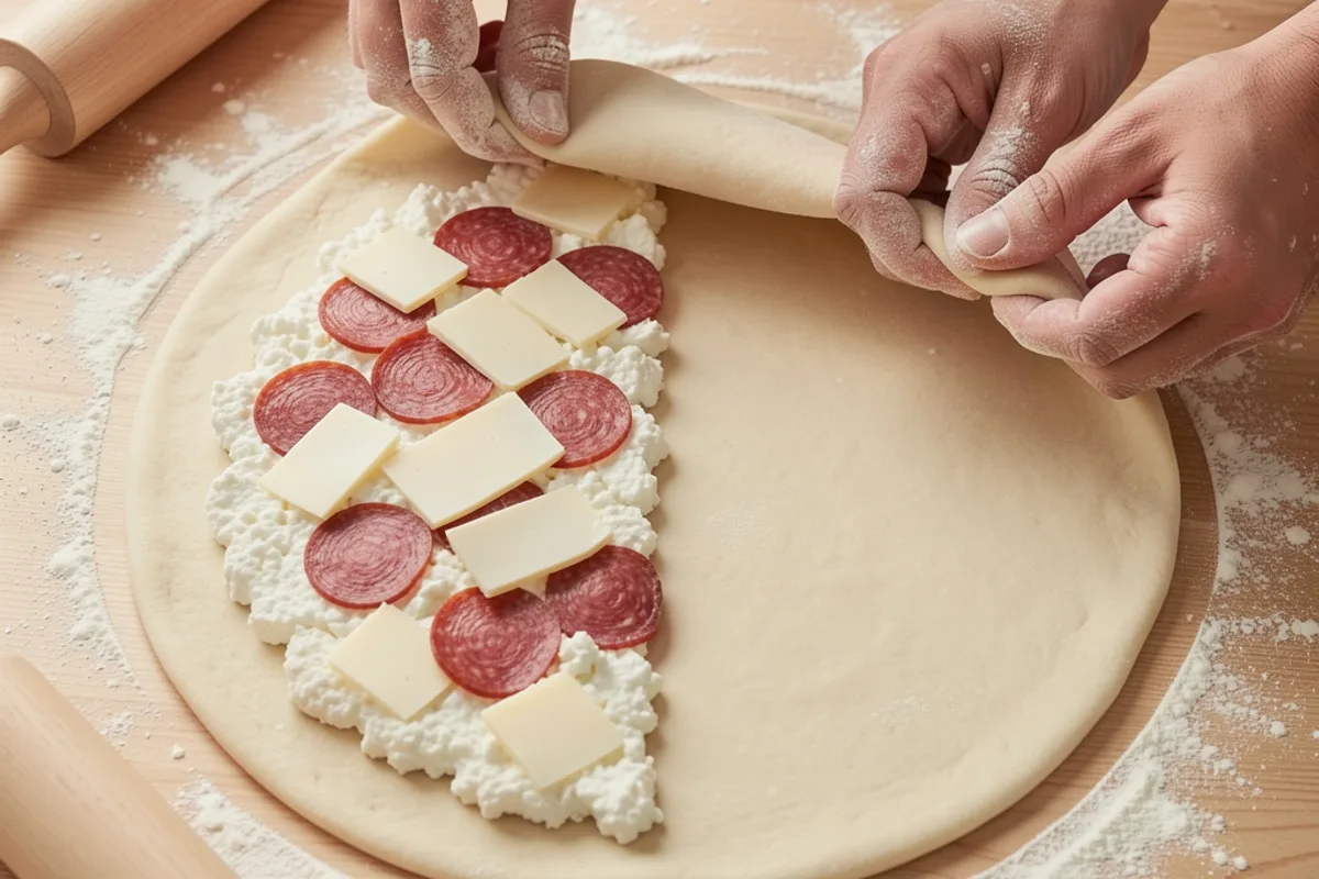 Disque de pâte à pizza garni de ricotta, de fior di latte et de rondelles de salami, mains farinées prêtes à le replier