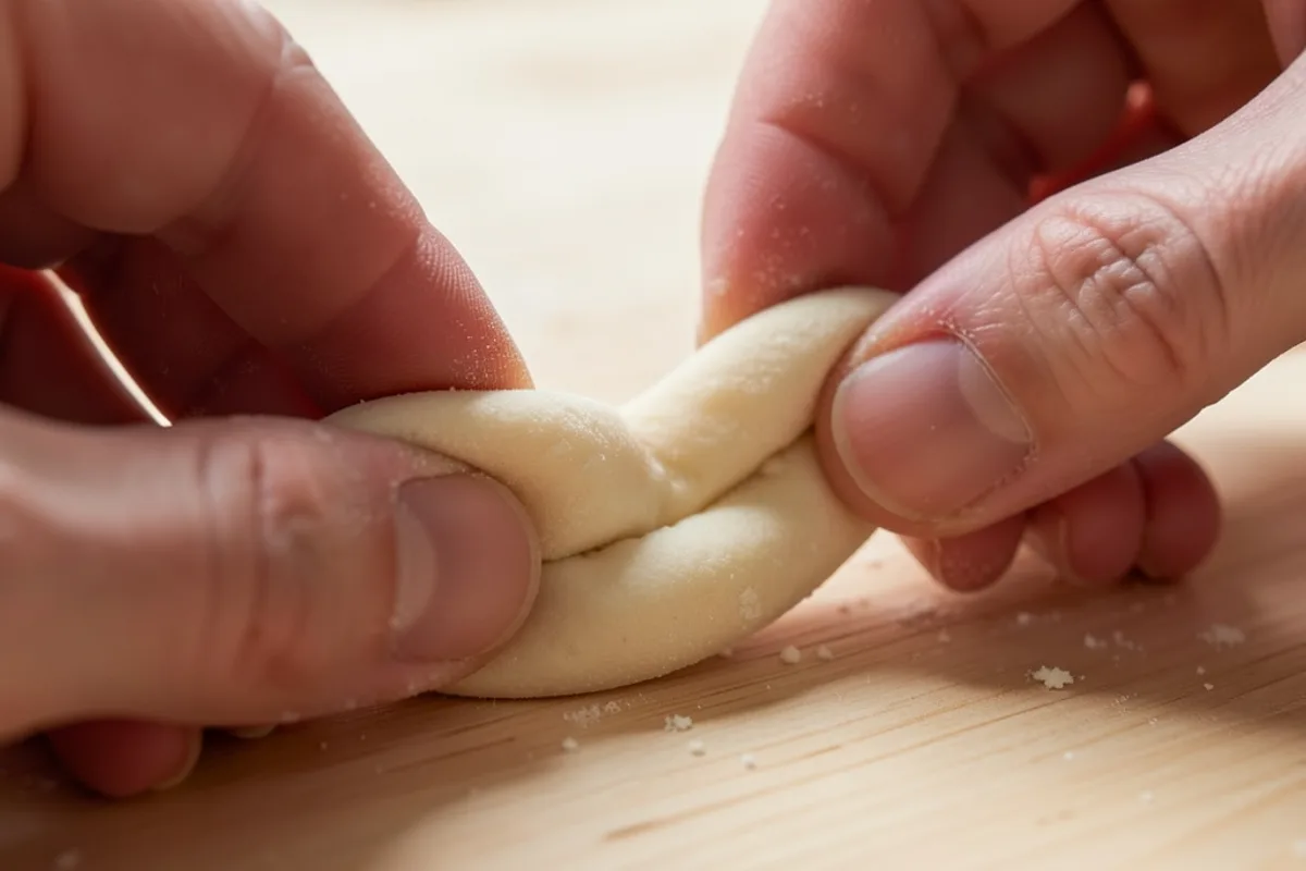 Mains qui pincent et roulent le bord d’une calzone pour la souder, vue rapprochée en plongée