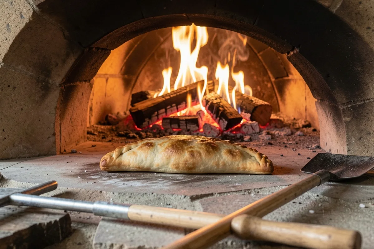 Calzone dorée en cuisson sur la pierre d’un four à bois, flammes en arrière-plan, pelle en bois au premier plan