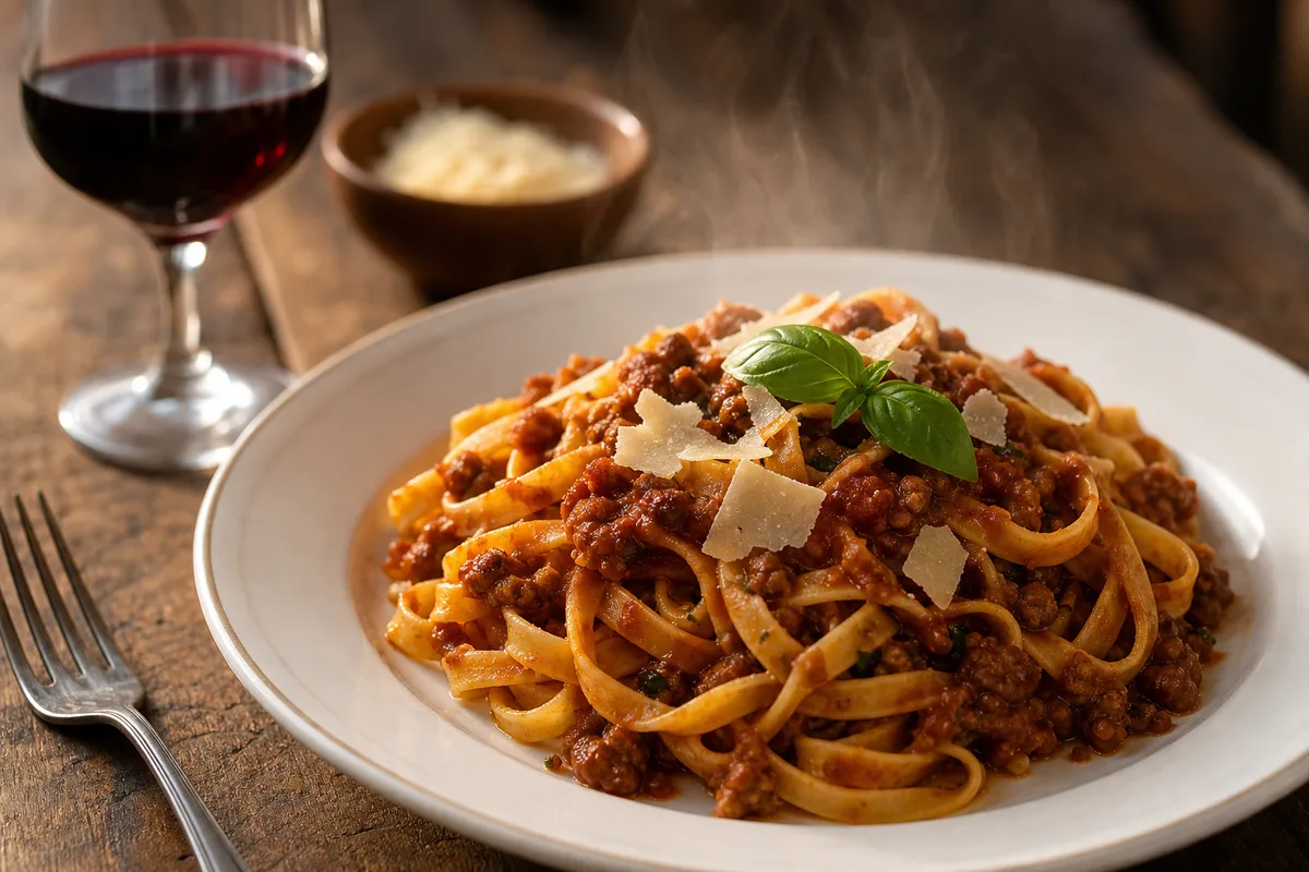 Assiette de pâtes fraîches maison servie sur une table en bois d’une trattoria italienne