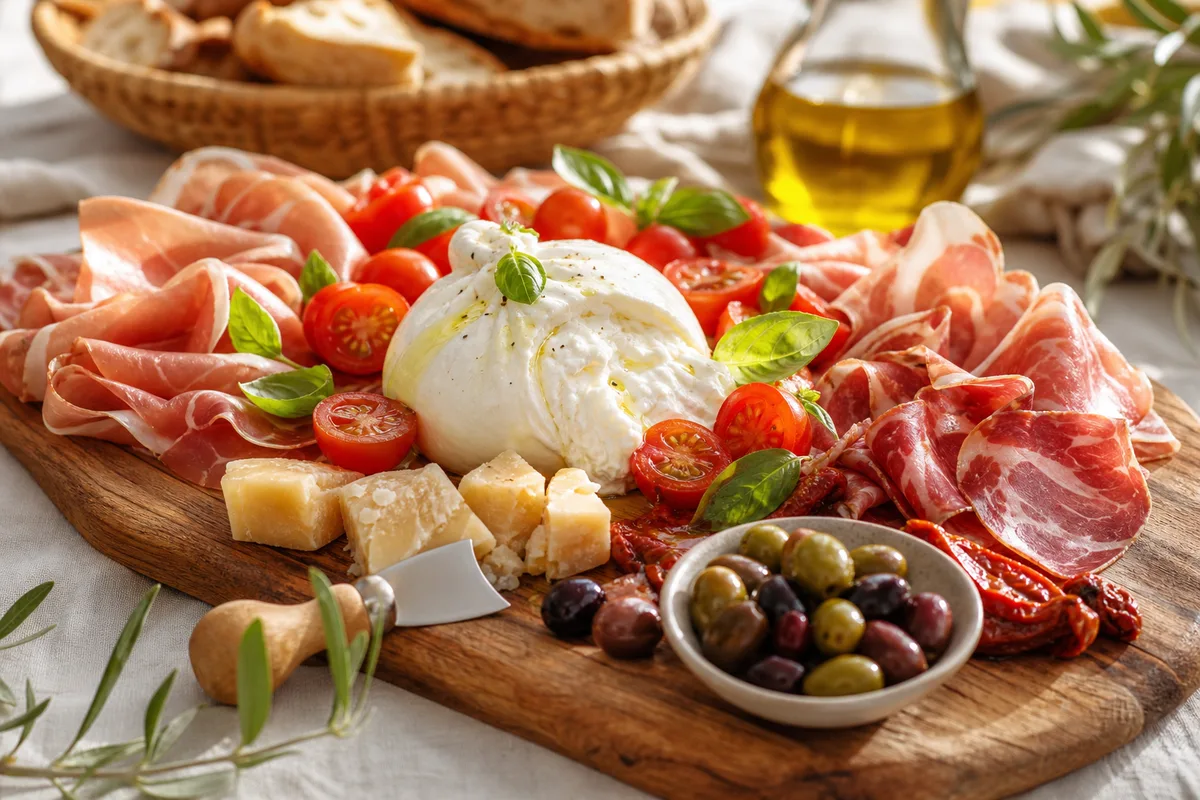Planche d’antipasti italiens avec burrata, tomates, charcuterie et morceau de parmesan