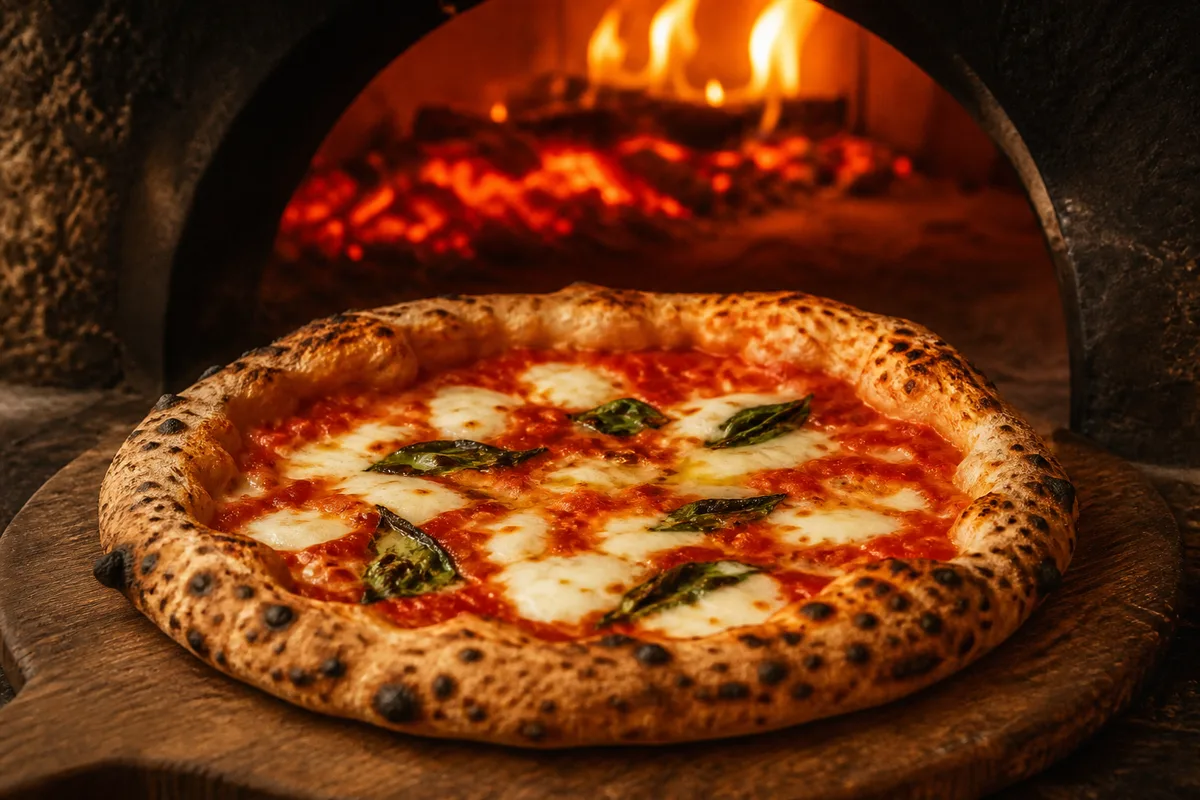 Pizza napolitaine margherita à la sortie d’un four à bois, bords gonflés et tachetés