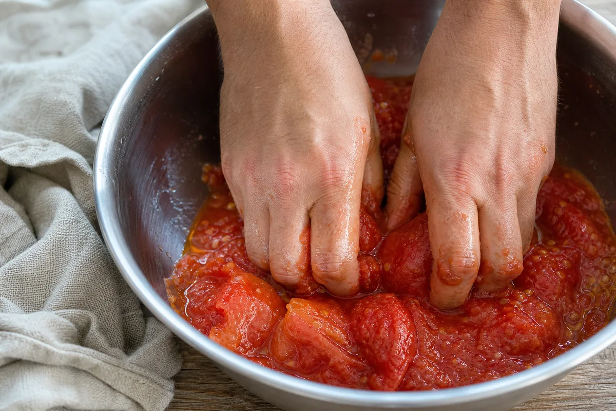 Tomates pelées écrasées à la main dans un saladier en inox, pulpe rouge et huile d’olive
