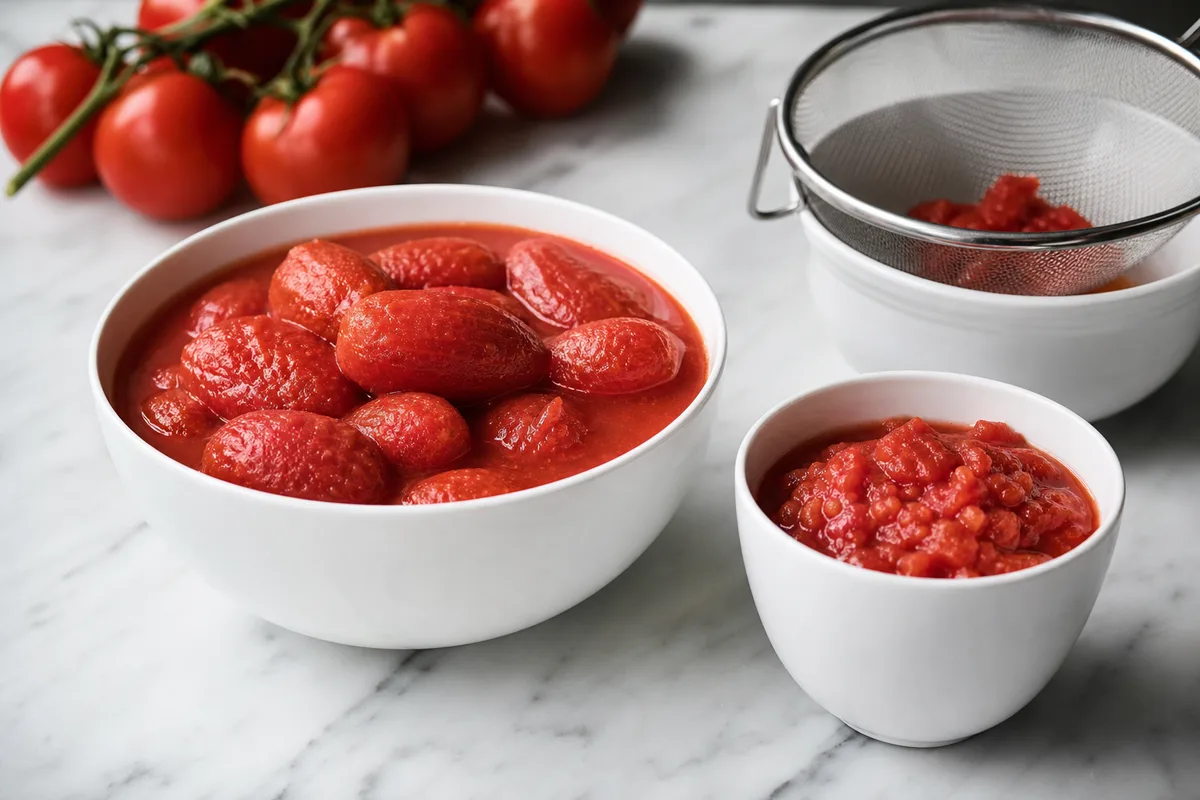 Boîtes de tomates pelées ouvertes sur un plan de travail en marbre, pulpe et jus visibles