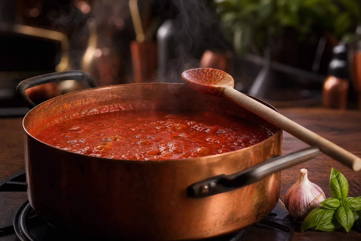 Casserole en cuivre où réduit une sauce tomate épaisse, vapeur légère, cuisine en bois